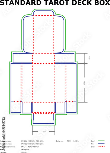 Standard tarot deck box blueprint and template design for card packaging and manufacturing