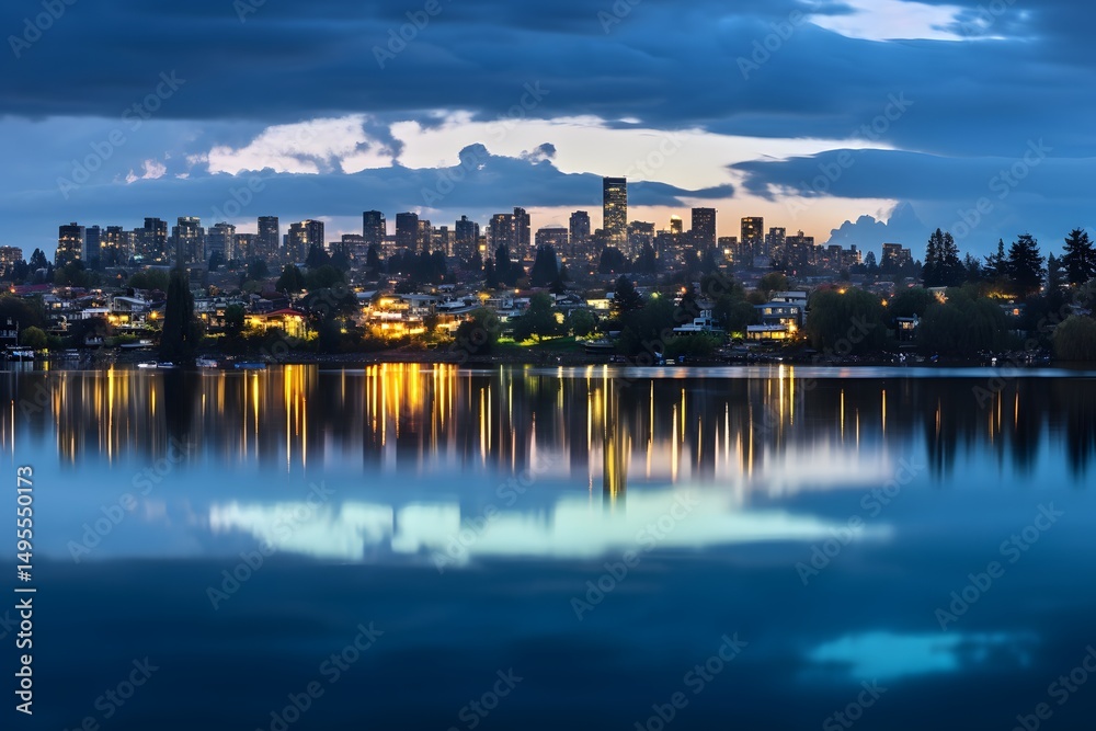 Obraz premium City Skyline Reflection at Dusk Over Calm Water