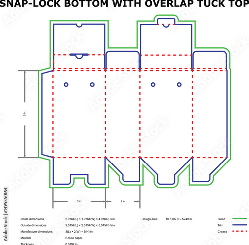 Detailed blueprint of a snap lock bottom box with overlap tuck top packaging design