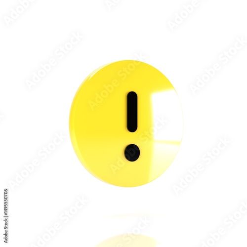 3D Illustration of Circle Yellow Warning Icon, Isolated on Plain White Background