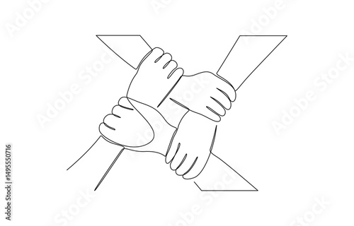 Continuous one line of three human hands holding each other, People unite their hands together continuous line drawing isolated background for Teamwork concept.