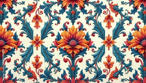 Intricate floral damask, elegant repeating leaves and swirls, digital, seamless
