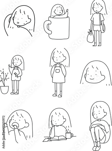 Cute Girl Emotions and Daily Life Vector Set - Hand Drawn Minimal Character Illustrations in Doodle Style