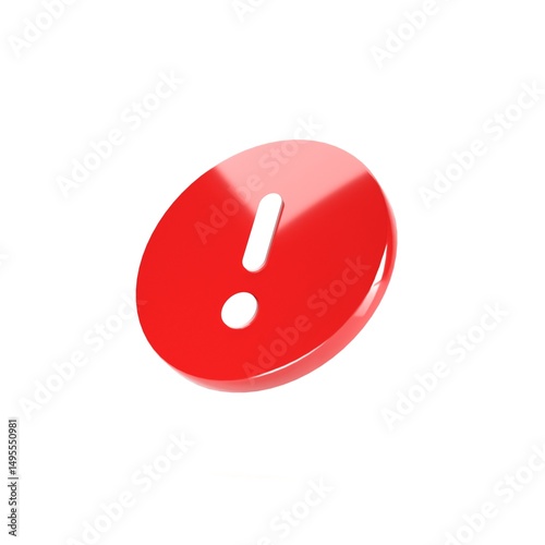 3D Illustration of Circle Red Warning Icon, Isolated on Plain White Background