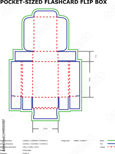 Detailed template of a pocket sized flashcard flip box design with dimensions and specifications