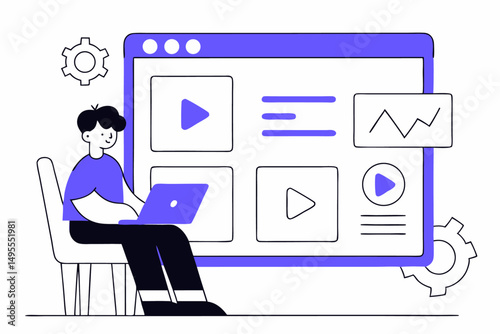 A young person sitting on a chair in front of a computer, capturing the essence of modern digital interaction and productivity in a minimalist style