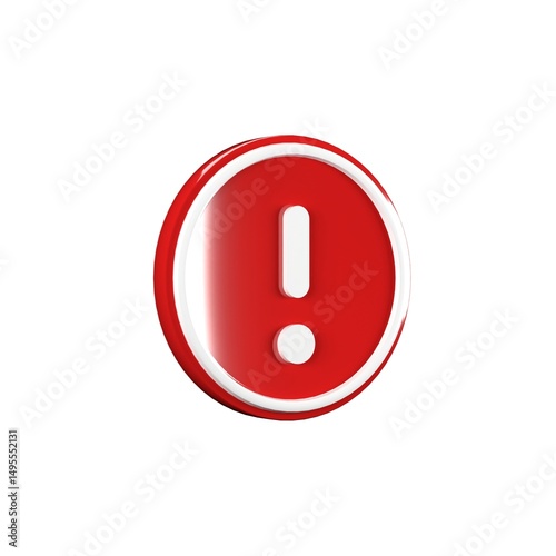 3D Illustration of Circle Red Warning Icon, Isolated on Plain White Background