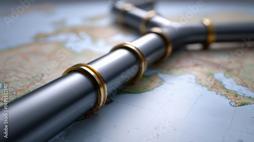 Magnified view of oil pipelines crossing international borders, highlighting infrastructure and environmental impacts.