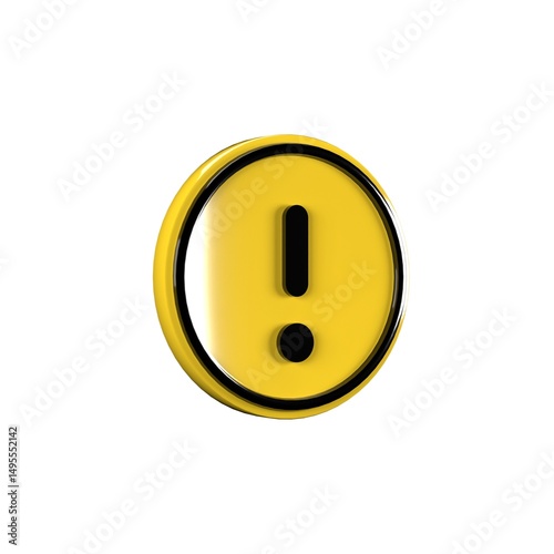 3D Illustration of Circle Yellow Warning Icon, Isolated on Plain White Background