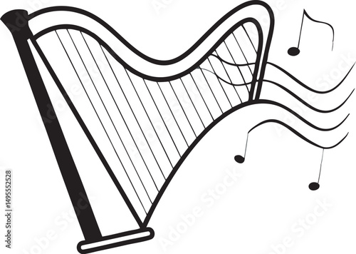 harp with musical note line art vector illustration