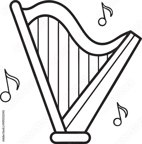 harp with musical note line art vector illustration