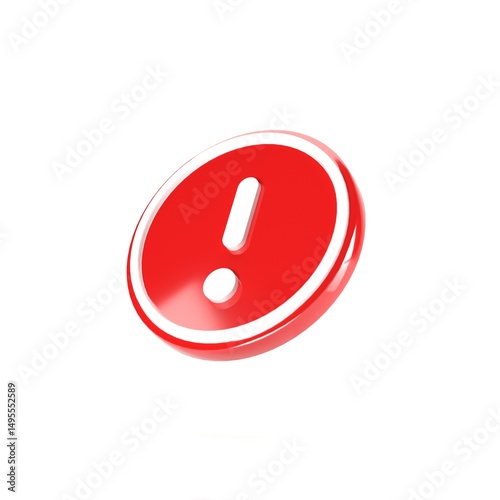 3D Illustration of Circle Red Warning Icon, Isolated on Plain White Background