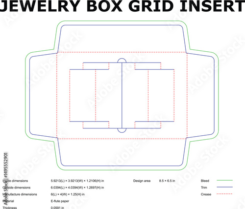 Flat layout vector template of a jewelry box grid insert with dimensions specified