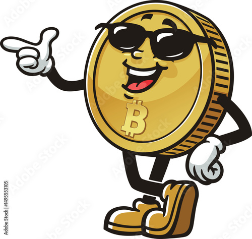 Bitcoin character cartoon wearing sunglasses