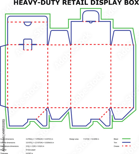 Detailed diagram of a heavy duty retail display box blueprint with measurements and design elements