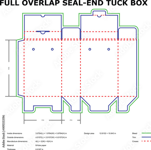 Detailed vector illustration of a full overlap seal end tuck box packaging template