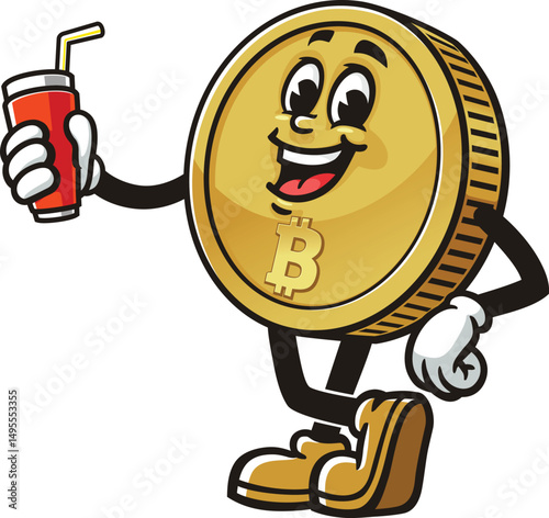 Bitcoin character cartoon holding a soft drink