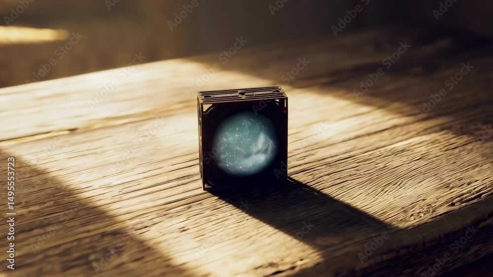 Ornate dark cube with blue astral projection sitting on rustic wooden surface under gentle light, representing knowledge and mysterious power.