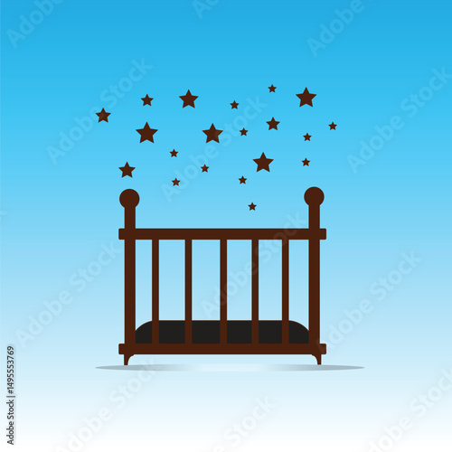 Minimalist Baby Crib Icon With Mobile And Soft Design On White Backgrounds Illustration Design For Nursery Room Ideas. Children Room Concept.