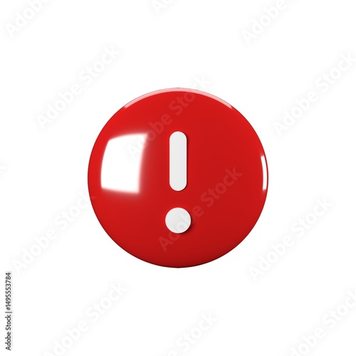 3D Illustration of Circle Red Warning Icon, Isolated on Plain White Background