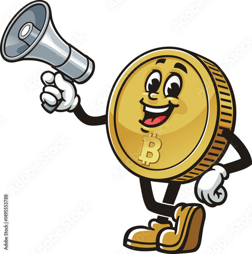 Bitcoin character cartoon holding a megaphone