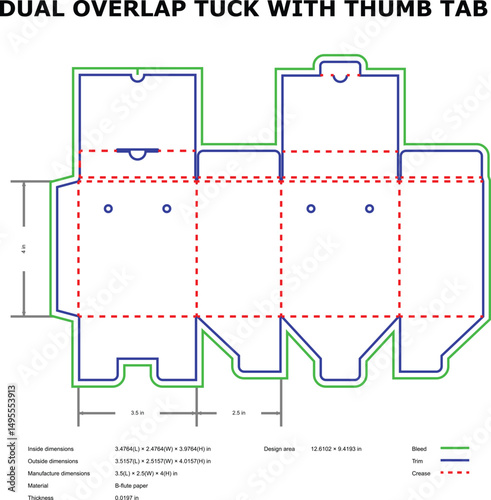 Detailed diagram of a dual overlap tuck box with thumb tab design and dimensions