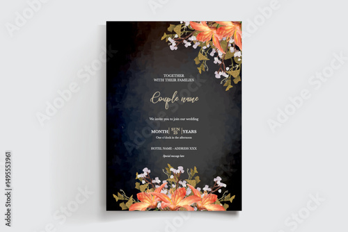 WEDDING INVITATION FRAME WITH FLOWER DECORATIONS AND FRESH LEAVES