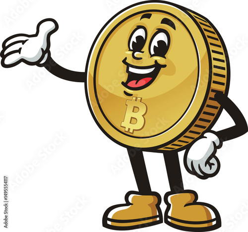 Bitcoin character cartoon with welcoming or presenting pose