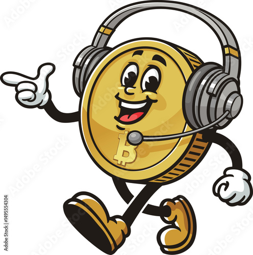 Bitcoin character cartoon wearing headset or headphone