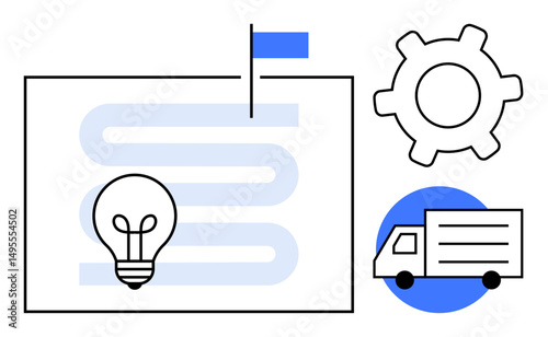 Lightbulb on a roadmap reaching a flag, gear symbolizing systems, and truck for delivery concepts. Ideal for strategy, innovation, logistics, planning, goals automation business growth. Clean flat
