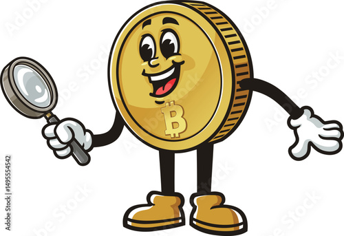 Bitcoin character cartoon holding a magnifying glass
