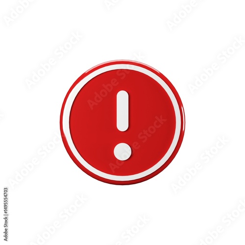 3D Illustration of Circle Red Warning Icon, Isolated on Plain White Background