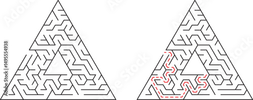 Triangle maze with solved path illustrating problem solving and solution finding