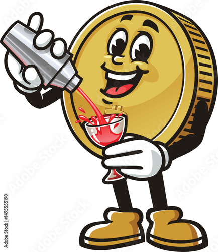 Bitcoin character cartoon making a cocktail