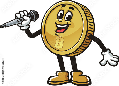 Bitcoin character cartoon holding microphone while singing