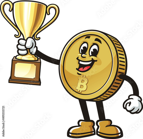 Bitcoin character cartoon holding a trophy