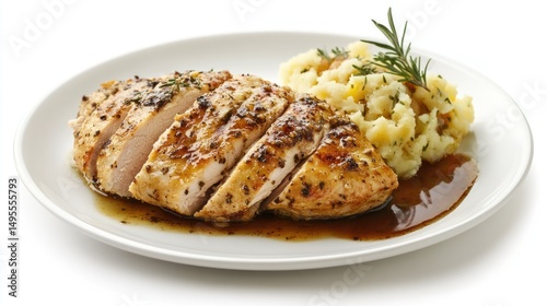 Delicious sliced roasted chicken breast served with mashed potatoes and gravy on a white plate