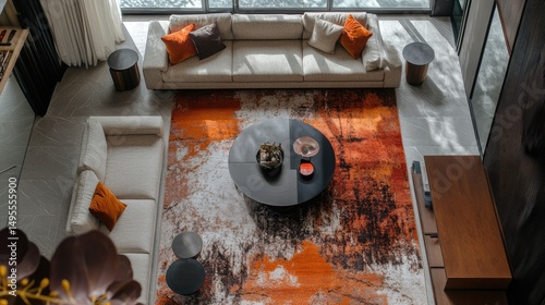Stylish rug and furniture in above view living room interior