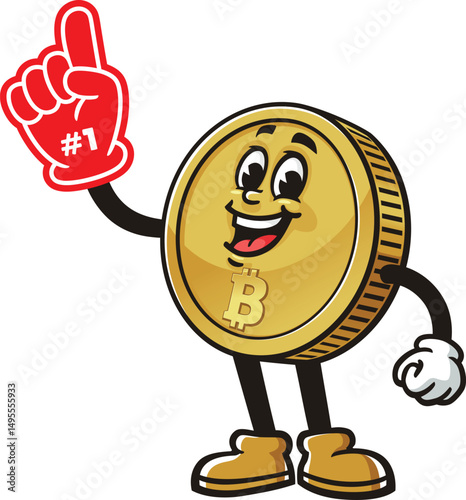 Bitcoin character cartoon holding giant foam finger