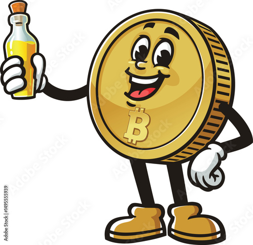 Bitcoin character cartoon holding a bottle of oil