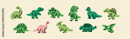 Various little Dinosaur set. Cute dino characters. Hand drawn Vector illustration. Print, poster, nursery, kids apparel, baby party invitation, card, child clothes design template. Isolated elements