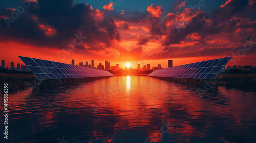 Solar Power at Sunset: Rows of solar panels stand in a calm body of water, reflecting the vibrant sunset over a modern cityscape.  A powerful image representing clean energy and sustainable progress.
