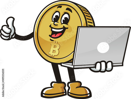 Bitcoin character cartoon holding a laptop