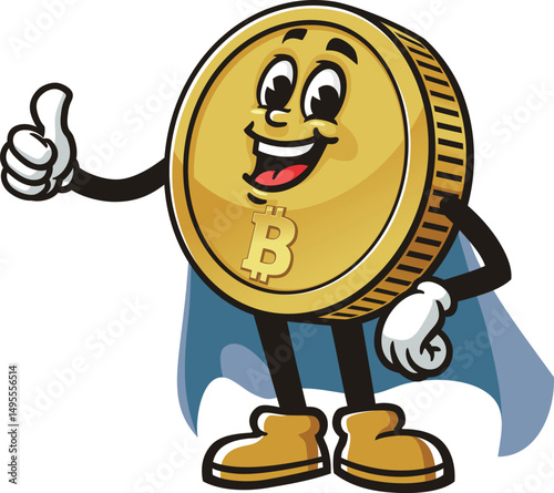 Bitcoin character cartoon in superhero style with a cape
