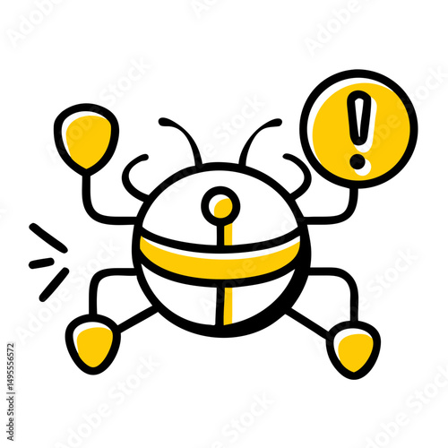 hand-drawn robotic bug with an exclamation mark warning, suitable for websites or blogs discussing software bugs, cybersecurity vulnerabilities, or system errors.