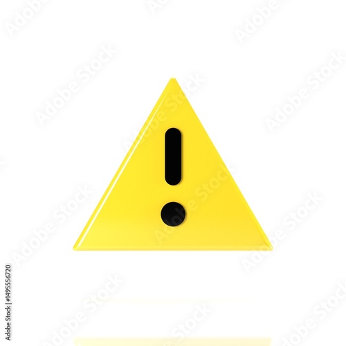 3D Render of Yellow Warning Triangle Icon with Exclamation Mark Isolated on White Background