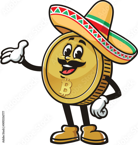 Bitcoin character cartoon wearing a sombrero