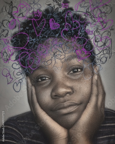 Pensive Girl Portrait with Heart Doodle Overlay