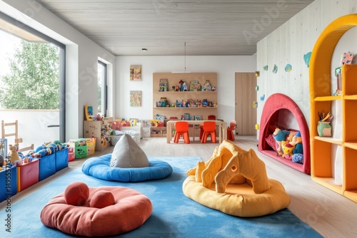 A kid's playroom with modular furniture, soft flooring, and bright decorative interior design
