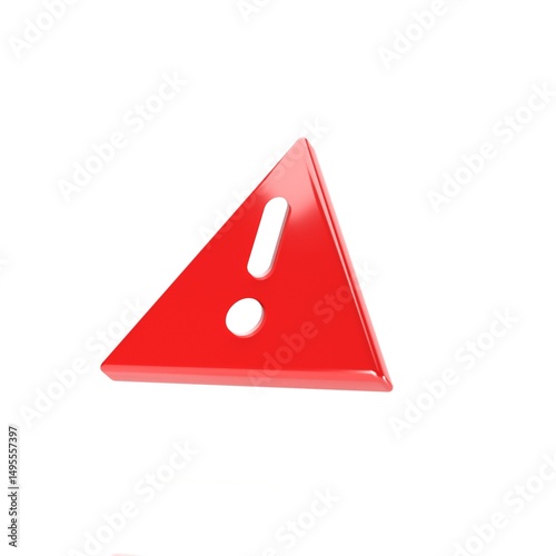 3D Render of Red Warning Triangle Icon with Exclamation Mark Isolated on White Background